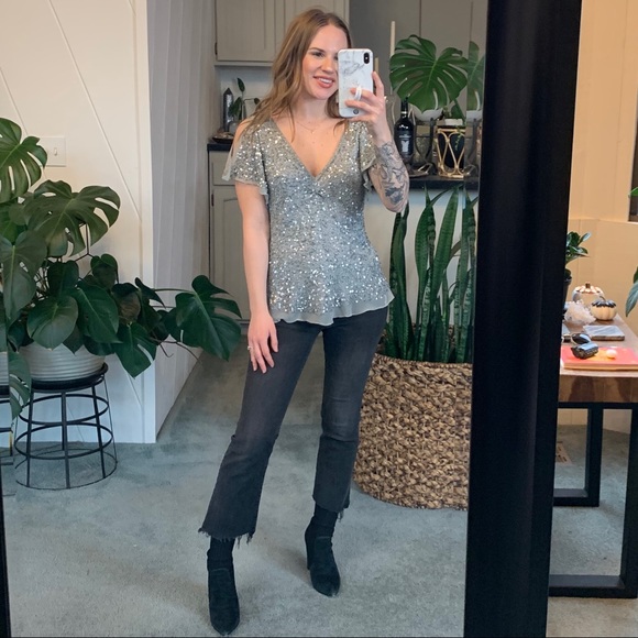 Sfera Sequin Embellished Flutter Sleeve Top - Picture 6 of 8